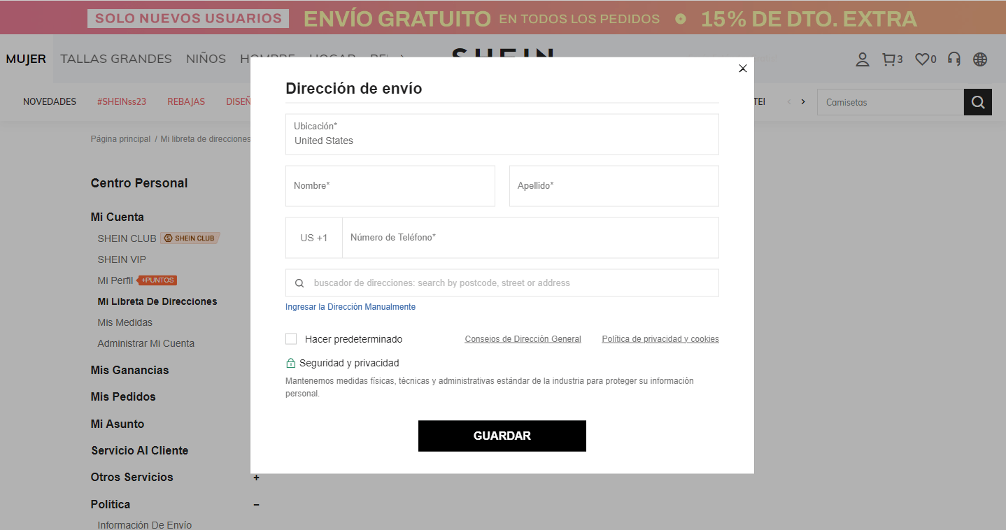 Cómo colocar en Shein, la dirección de casillero en Miami