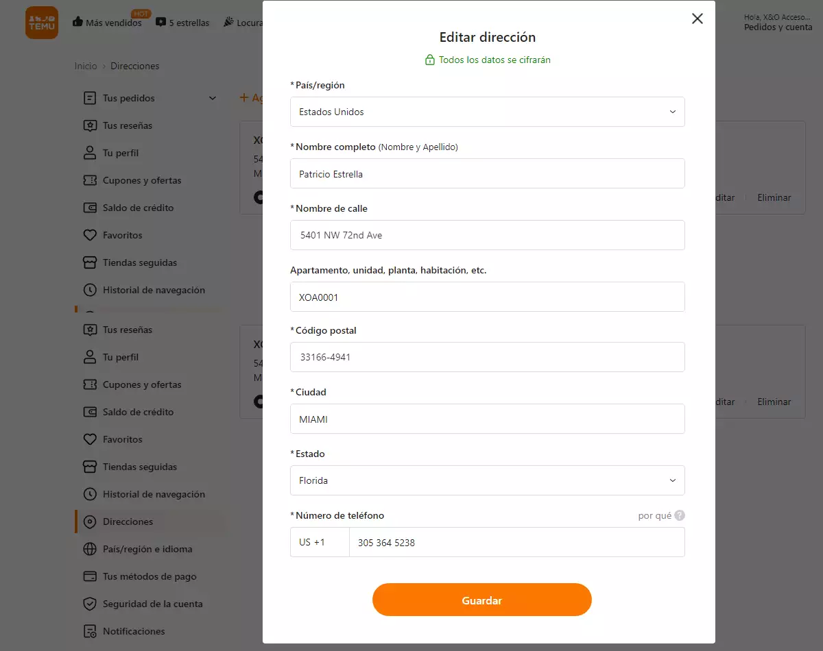 Cómo comprar en Temu desde Panamá. Colocar la dirección de casillero en Miami en Temu