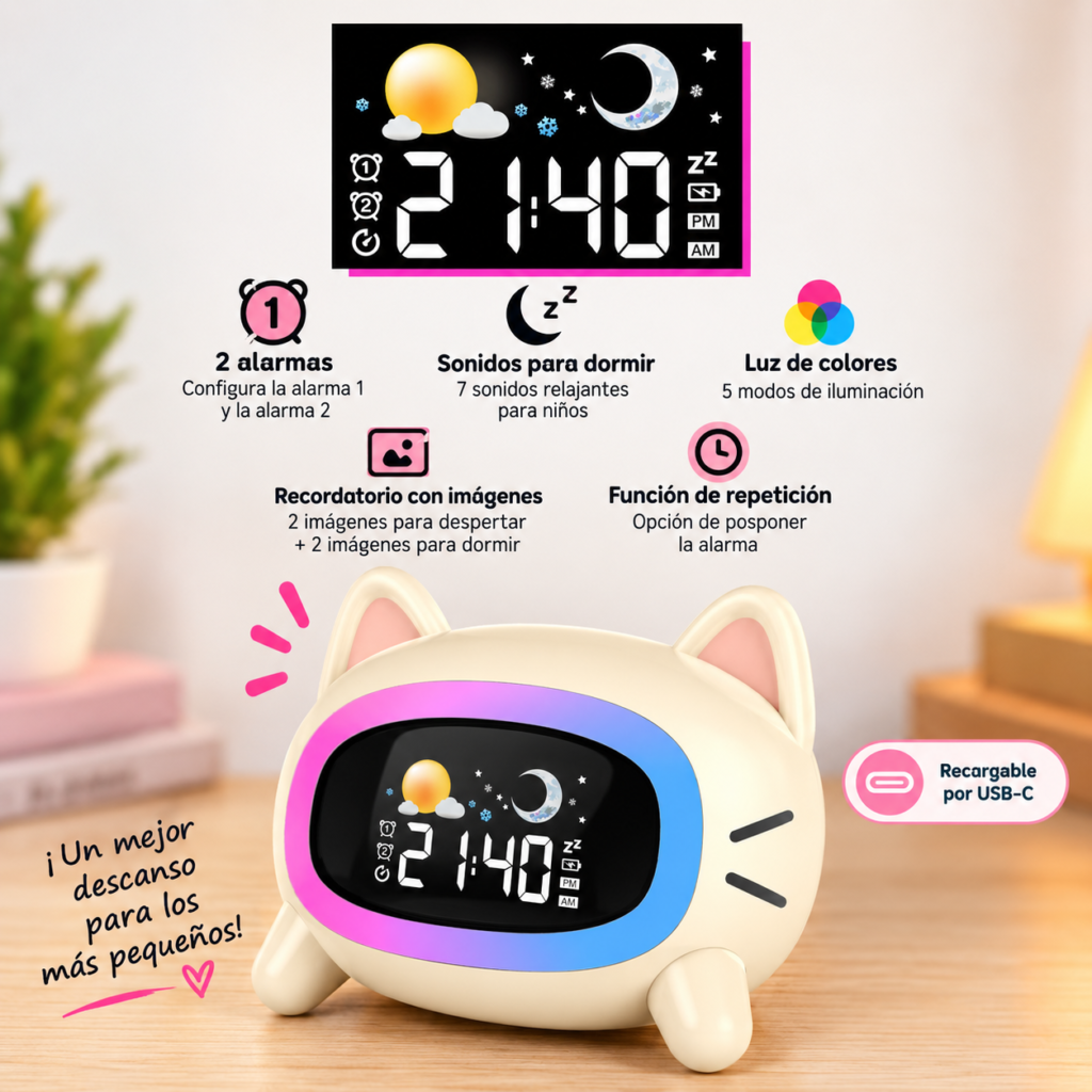 Reloj Despertador Digital de Gatito con Luces