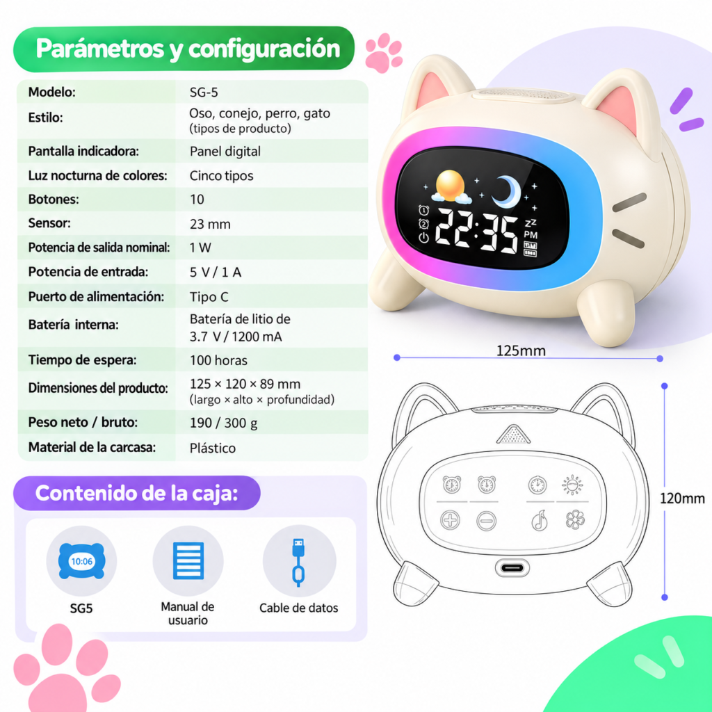 Reloj Despertador Digital de Gatito con Luces